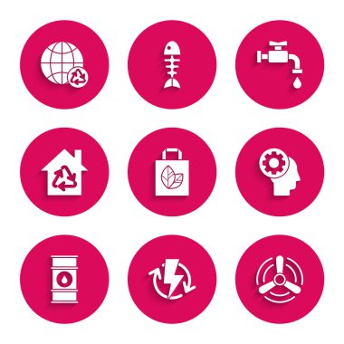 Geri dönüşüm, şarj etme, rüzgar türbini, içinde insan başlığı, yağ varili hattı, Eco House geri dönüşüm sembolü, su musluğu ve gezegen ikonu olan kağıt alışveriş torbası ayarla. Vektör