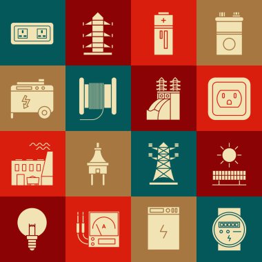Elektrik sayacı, güneş ve güneş paneli, ABD 'deki elektrik prizi, batarya, elektrik kablosu, elektrik kablosu, taşınabilir güç jeneratörü ve nükleer santral ikonu ayarlayın. Vektör