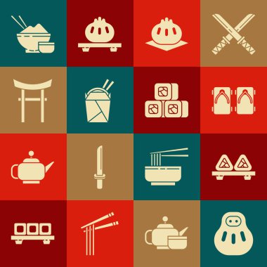 Maneki neko kedisi, kesim tahtasında suşi, geleneksel Japon ayakkabıları, Khinkali, Asya eriştesi, karton kutu ve çubuk, Kapı, pirinç kasesi ve ikon. Vektör