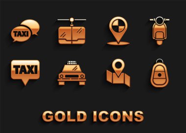 Taksi, Scooter, uzaktan kumandalı araba anahtarı, katlanmış harita işareti, harita işaretleyici taksi, telefon servisi ve Cable simgesini ayarla. Vektör