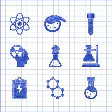 Test tüpü ve matara kimyasalı, molekül, kontrol listeli laboratuvar panosu, insan kafa radyasyonu ve atom simgesi. Vektör