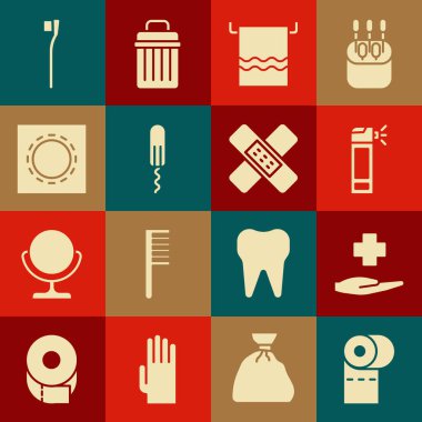 Tuvalet kâğıdı rulosu, haç hastanesi sağlık sigortası, hortumlu şişe, askıda havlu, hijyenik tampon, prezervatif pakette güvenli seks, diş fırçası ve çapraz bandaj alçı ikonu. Vektör