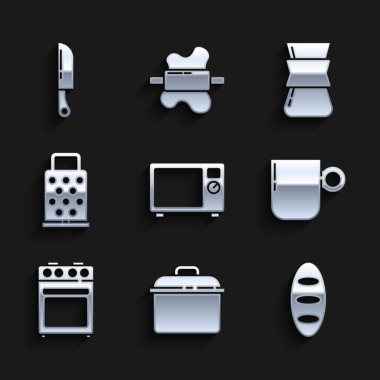 Mikrodalga fırın, tencere, ekmek somunu, kahve fincanı, fırın, Grater, Türk ve Bıçak ikonu hazırla. Vektör