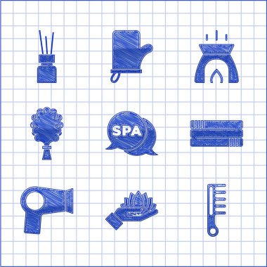 Spa salonu, nilüfer çiçeği, saç fırçası, havlu yığını, kurutma makinesi, sauna süpürgesi, Aroma mumu ve dağıtıcı ikonu. Vektör