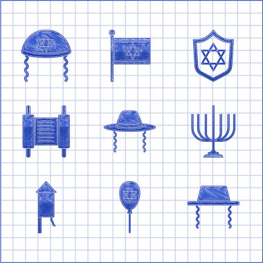 Ortodoks Yahudi şapkası, Davut yıldızı Balon, Hanuka menorah, Havai fişek roketi, Tevrat tomarı, Shield Star David ve Yahudi kippah ikonu. Vektör
