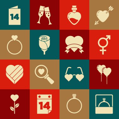 Elmas nişan yüzüğü, kalp şeklinde balon aşk iksiri, çiçek gülü, alyans, tebrik kartı ve kalp ikonu. Vektör