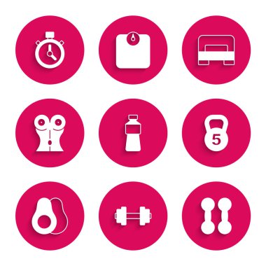 Bir şişe su, Dumbbell, Kilo, Avokado meyvesi, Kadın beli, Büyük yatak ve Kronometre ikonu. Vektör