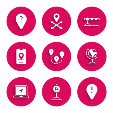 Yol konumunu belirleyin, yol işaretini geri çevirin, ünlem işaretli konum, dünya küresi, dizüstü bilgisayar, harita navigasyonu, park yeri bariyeri ve bilinmeyen yol noktası simgesi. Vektör