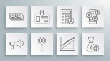 Megafon, kimlik kartı, büyüteç ve dolar sembolü, pasta grafiği bilgisi, para çantası parası, hesap makinesi, akıllı telefon ve kağıt para ikonu. Vektör