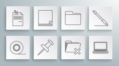 Satır Scotch, Dosya belgesi, Push pin, Sil dizini, Laptop, Document, kalem satırı ve Not kağıdını iğnelenmiş düğme simgesi ile ayarla. Vektör