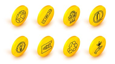 Çevre koruma hattını devreye sokun, okyanus plastik kirliliğini durdurun, yıldırımlı ampulü, geri dönüşüm şişesini, Dünya 'yı tutan insan elini, bataryayı ve ikonu durdurun. Vektör