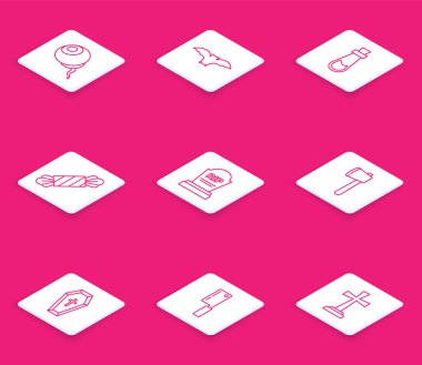 Hat çizgisi, uçan yarasa, iksirli şişe, Candy, Tombstone RIP, tahta balta, Tabut Hıristiyan haçı ve et kesme ikonu. Vektör