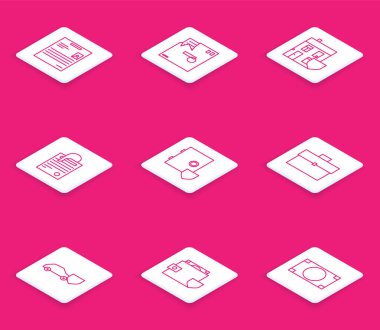 Kişisel belge, sipariş zarf, rozetli ev, ataç, kasa, çanta, araba ve cüzdan para ikonu. Vektör