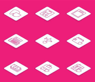 Dişleri kalkan, grafik çizelgesi, boş form, faks makinesi, uçak, cüzdan ve para ile ayarla. Yığınla kağıt para ve seyahat sigortası ikonu. Vektör