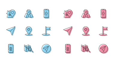 Şehir haritası navigasyonunun çizgi bilgilerini ayarlayın, konum işaretleyicisi, harita işaretleyici ev, kağıt uçak, tıbbi haç hastanesi, bayrak ve simge ile katlayın. Vektör