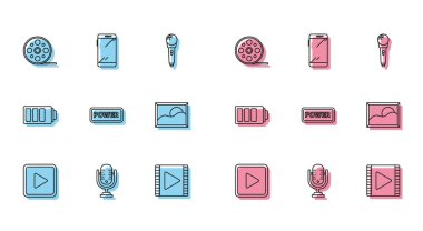 Satır Oynat 'ı kare, Mikrofon, Film makarası, Video, Güç düğmesi, Resim manzarası, Batarya şarj seviyesi göstergesi ve akıllı telefon, mobil simge olarak ayarla. Vektör