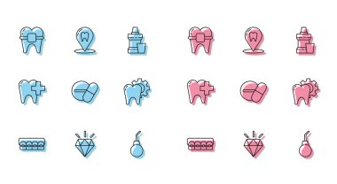 Diş teli, elmas diş, armut, ilaç hapı ya da tablet, diş tedavisi prosedürü diş sağlığı kliniği ve konum ikonu. Vektör