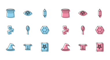 Cadı şapkası, Sihirli parşömen, Büyücü, Eskiler 'in sihirli kitabı, el aynası, taş, zar oyunu ve pentagram ikonu. Vektör