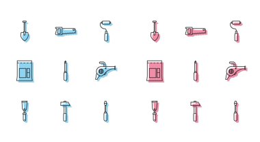 Oyun bıçağı, çekiç, kürek, tornavida, yaprak üfleyici, çimento torbası ve el testeresi ikonu. Vektör