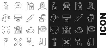 Sabit çizgi kedi oyuncağı, tımarlama, kuaför hayvanı, evcil hayvanlar için diş hijyeni yaka kartı, köpek ağızlığı, şampuan ve tırnak törpüsü. Vektör