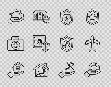 House 'u, Lifebuoy' u, kalkanlı sigortayı, Piggy Bank 'ı, Safe' i, Şemsiye 'yi ve Uçak ikonunu ayarlayın. Vektör