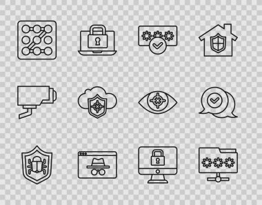 Satır Sistem hatasını ayarla, Parola içeren Dizin, Parola koruması, Tarayıcı takma adı penceresi, Grafiksel, Bulut ve Kalkan, Kilit monitörü ve İşaretli konuşma balonu simgesini kontrol et. Vektör