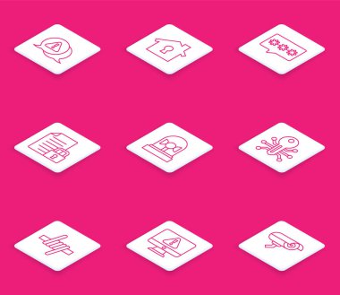 Üçgen olarak çizgi ünlem işareti, koruma altındaki ev, şifre, belge ve kilit, flasher siren, akıllı anahtar, dikenli tel ve ünlem simgesi ile monitör. Vektör