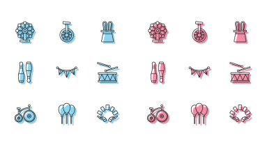 Klasik bisiklet, kurdeleli balonlar, dönme dolap, iskambil kağıtları, karnaval çelengi bayrakları, davul bagetleri, bovling iğnesi ve bir ikon. Vektör