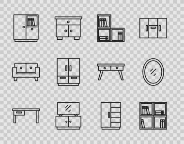Ofis masası, kitaplı raf, televizyon masası, gardırop ve ayna ikonu. Vektör