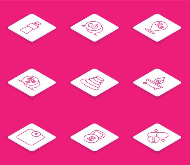 Bir şişe su, vücut geliştirme kası, Uykucu, Yığın sıcak taşlar, Aroma mumu, Banyo terazisi ve ağırlık simgesi. Vektör