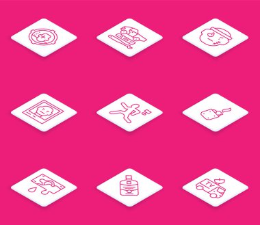 Set hattı fotoğrafı, araba hırsızlığı, haydut, aranıyor afişi, cinayet, çakmak, kanlı para ve viski şişesi ikonu. Vektör