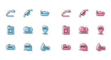 Petrol deposu, konum ve benzin istasyonu, elektrik kablosu şarj etme, boşaltma, yakıt doldurma, benzin bidonu, motor yağı ve benzin pompası ikonu ayarlayın. Vektör