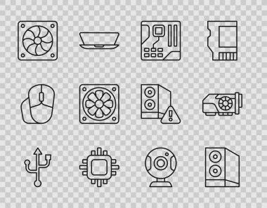 Satır USB, Bilgisayar Vakası, Anakart dijital çip, İşlemci, Bilgisayar soğutucu, Web kamera ve Video grafik kartı simgesi. Vektör