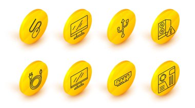 Anakart dijital çip, RAM, rastgele erişim belleği, Bilgisayar monitörü, Elektrik prizi, Bilgisayar Vakası, USB ve fare simgesi ayarlayın. Vektör