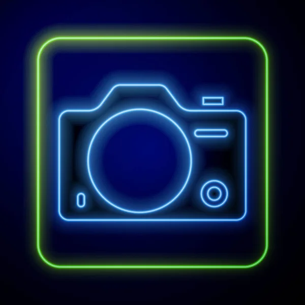 Świecący Neon Ikona Aparatu Fotograficznego Odizolowana Niebieskim Tle Kamera Foto — Wektor stockowy