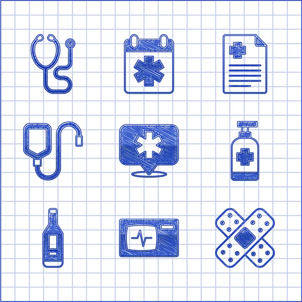 Set Emplacement Hôpital Moniteur Avec Cardiogramme Pansement Croisé Savon Antibactérien — Image vectorielle