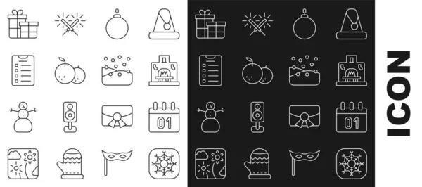 采购产品设置线雪花 室内壁炉 圣诞球 唐吉林 新年目标列表 礼品盒和降雪图标 — 图库矢量图片