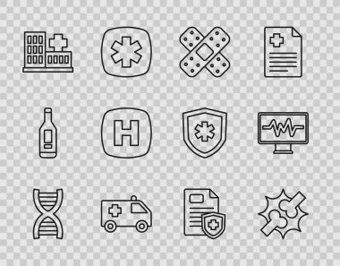 DNA sembolü, eklem ağrısı, diz ağrısı çapraz bandajı, ambulans arabası, hastane binası, tabela, hasta kaydı ve kardiyogram ikonlu monitör. Vektör