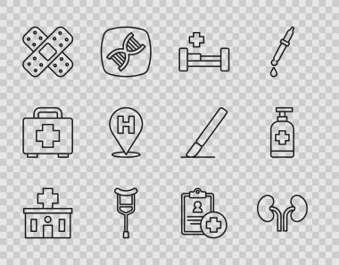 Sabit hat hastane binası, insan böbrekleri, yatak, koltuk değneği veya koltuk değnekleri, çapraz bandaj bandı, konum hastanesi, hasta kaydı ve antibakteriyel sabun ikonu. Vektör