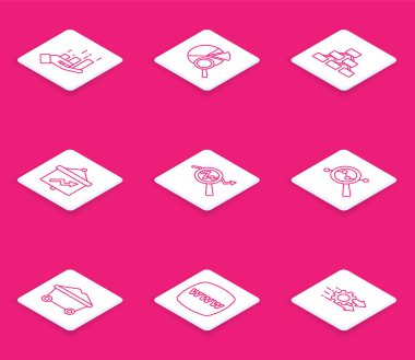 Finansal büyüme, Arama veri analizi, hiyerarşi organogramı, grafikli tahta, kömür madeni tramvayı ve web sitesi şablon ikonu ayarla. Vektör