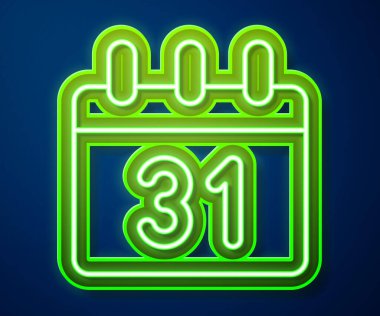 Parlayan neon çizgisi takvim simgesi mavi arkaplanda izole edildi. Olay hatırlatma sembolü. Mutlu Noeller ve mutlu yıllar. Vektör.