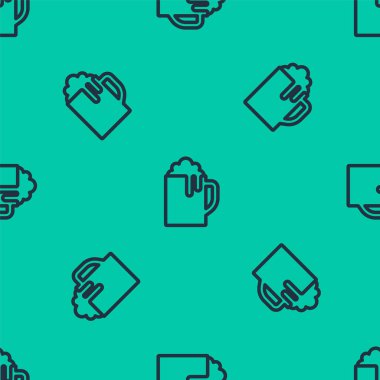 Mavi çizgi ahşap bira kupası ikonu yeşil arka planda izole edilmiş pürüzsüz desen. Vektör.