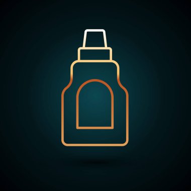 Altın çizgili plastik şişe çamaşır deterjanı, çamaşır suyu, bulaşık deterjanı ya da koyu mavi arka planda izole edilmiş başka bir temizlik maddesi. Vektör