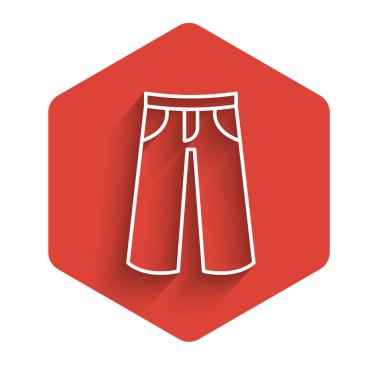 Beyaz Çizgili Pantolon simgesi uzun gölge arkaplanı ile izole edildi. Pantolon imzası. Kırmızı altıgen düğmesi. Vektör