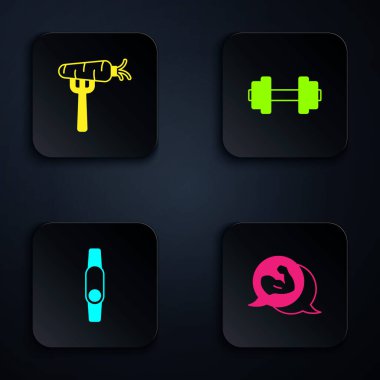 Vücut geliştirici kas, çatalda havuç, Smartwatch ve Dumbbell. Siyah kare düğme. Vektör