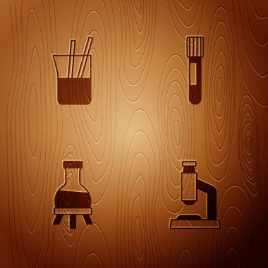 Mikroskop, laboratuvar camı, test tüpü ve ahşap zemin ayarlayın. Vektör