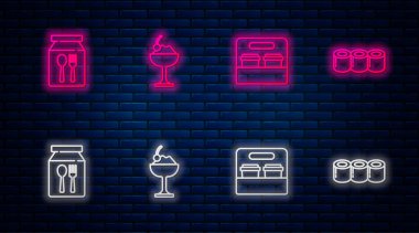 Dondurmayı kaseye koy, kahve bardağını paket yap internetten sipariş ver, teslimat yap ve suşi ye. Tuğla duvarda parlayan neon simgesi. Vektör