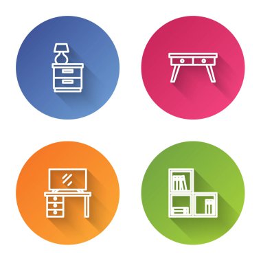 Sıraya dizilmiş mobilya sehpası, lamba, ofis masası, televizyon masası ve raf kitapları. Renkli daire düğmesi. Vektör