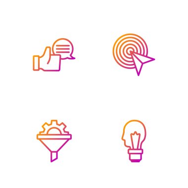 Fikir kavramına sahip sıra lambası, satış huni teçhizatı, müşteri ürün değerlendirmesi ve hedef. Renk simgeleri. Vektör