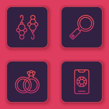 Set hattı küpeler, düğün, büyüteç ve mücevher çevrimiçi alışveriş. Mavi kare düğme. Vektör